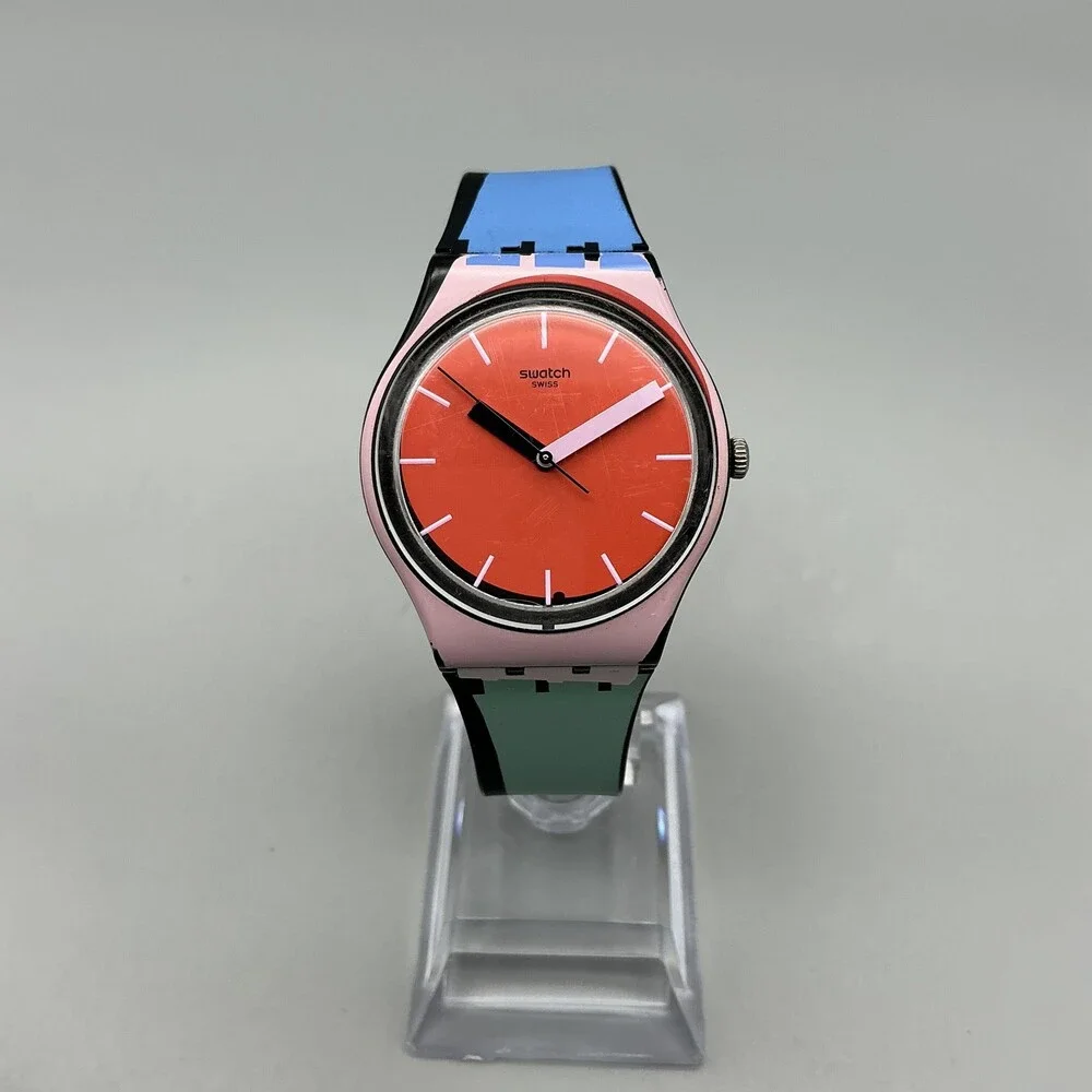 Swatch A COTE GB286 Womens Watch 34mm Orange Dial Pink Case Rubber New Battery